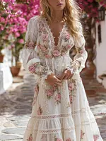 Vintage Bohemian Pink Rose Holiday Long Sleeve Dress