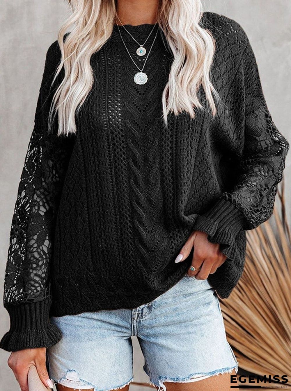 Fashion O-Neck Lace Hollow Casual Long-Sleeved Sweater | EGEMISS