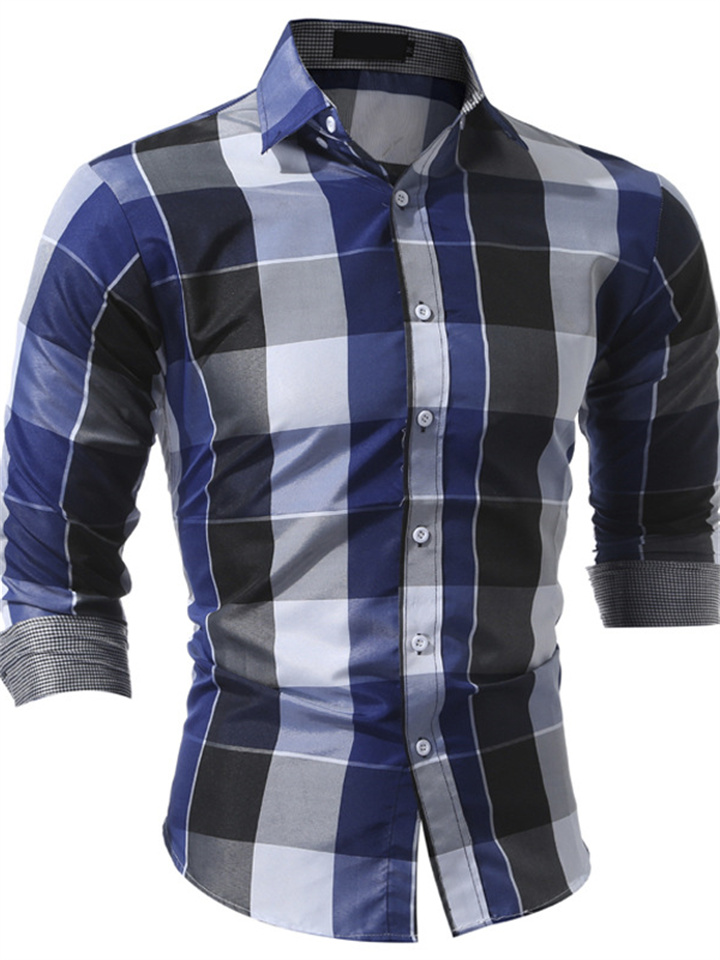 Men's Long-sleeved Plaid Shirt European Code Fashion Lapel Casual Long-sleeved Men's Red, Blue Shirts