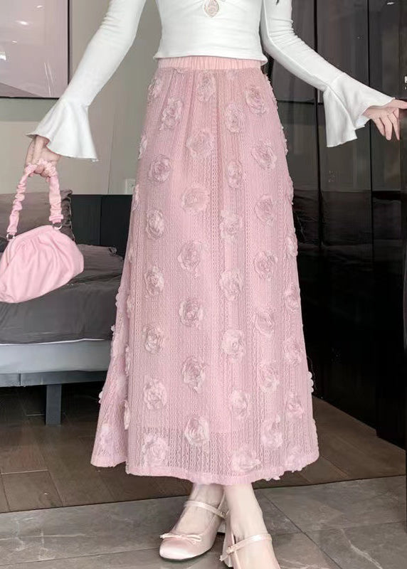 VCSHOES Pink Floral Decorated High Waist Cotton Skirt Spring