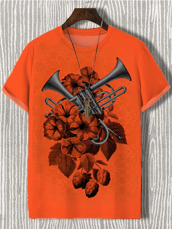 Men's Vintage Floral Trombone Print Casual T-Shirt