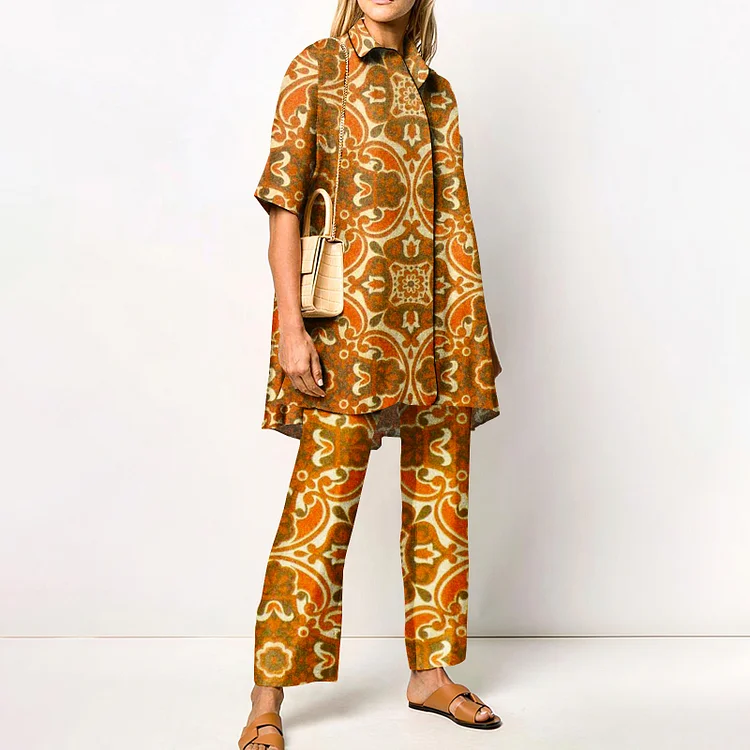 Fashion Vintage Print Short Sleeve Two Piece Set