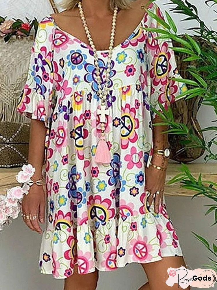 Women's Tunic Knee Length Dress - Short Sleeve Floral Print Summer Basic Hot White Blue Red Light Blue-0218817