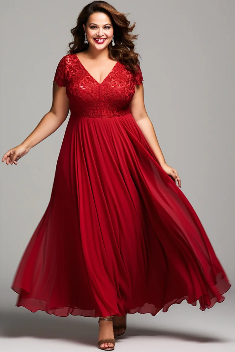 Flycurvy Plus Size Mother Of The Bride Red Chiffon V Neck Lace Maxi Dress 2024 - Flycurvy 
