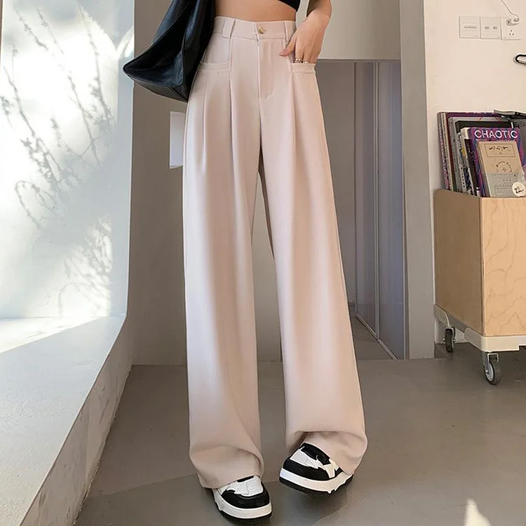 Beige Wide-Leg Slip Pocket Straight Suit Pants QueenFunky
