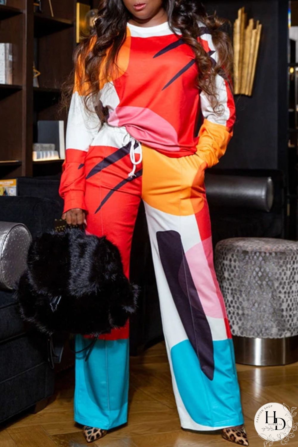 Rose Red Fashion Casual Print Basic O Neck Long Sleeve Two Pieces