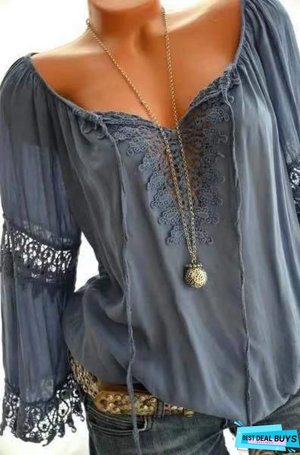 Large Size Women Openwork Lace Long-Sleeved Blouse Solid Color Large V-Neck Casual Tops