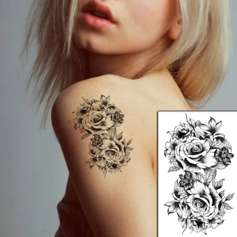 Sketch Rose Flowers Waterproof Temporary Tattoo Sticker Hand Lines Design Fake Tattoos Flash Tatoos Arm Chest Body Art for Women