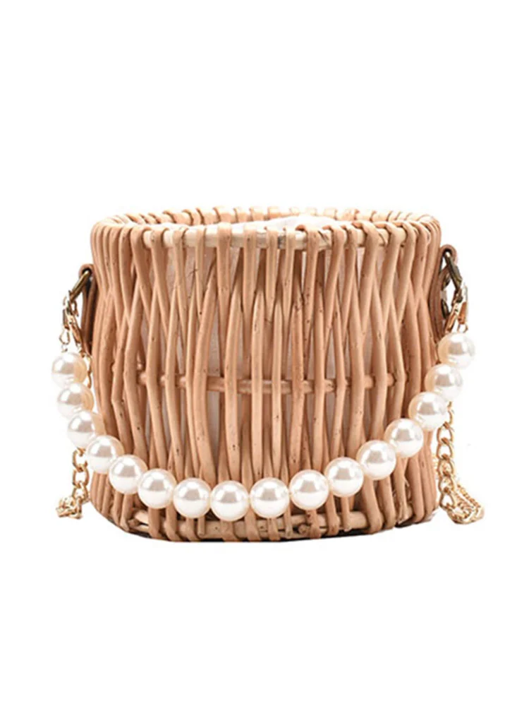 Women Beach Mini Straw Shoulder Bags Pearl Chain Rattan Handbags (C Round)