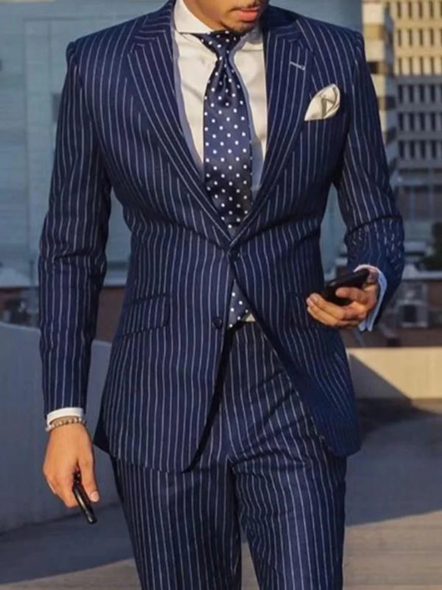 Business Pinstripe Men's Casual Polo Collar Suit