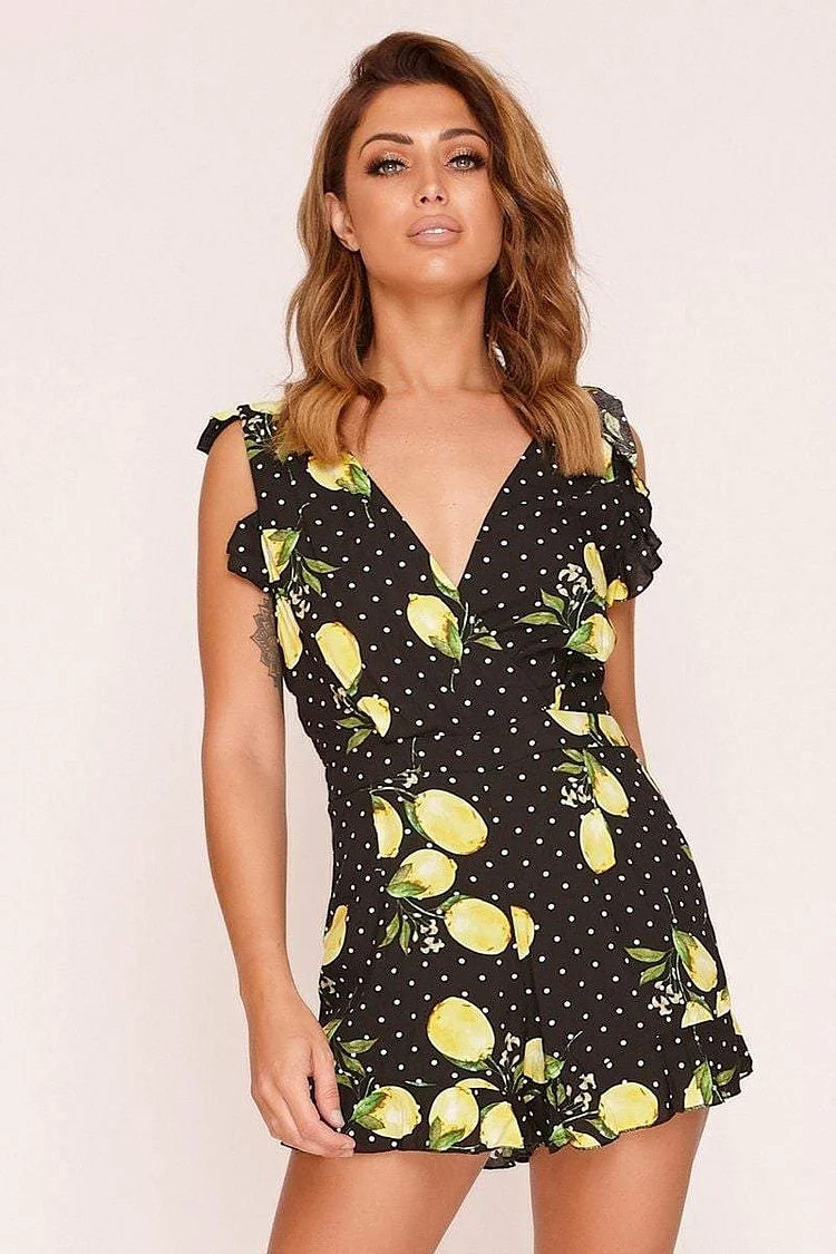 Black Lemon Print Frill Playsuit Katch Me