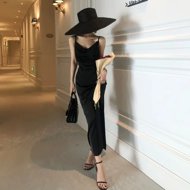 Ordifree 2022 Summer Vintage Women Satin Slip Dress Spaghetti Strap Side Slit Black Burgundy Silk Sexy Long Party Dress