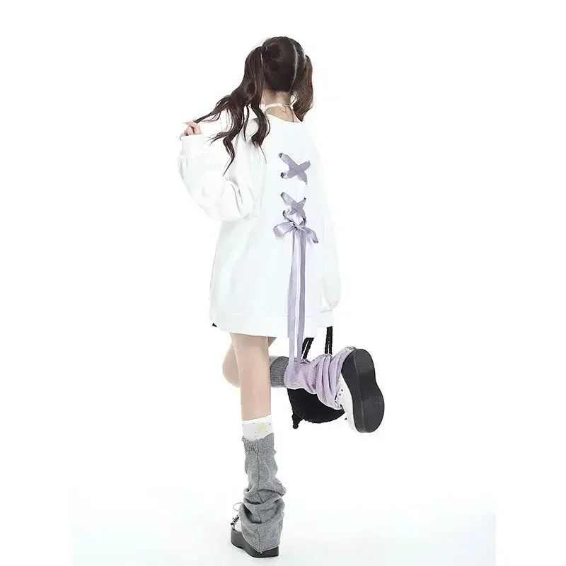 Skillofyz Y2K Kawaii Bow Lace up Love Embroider Designed Hoodies Women Long Sleeve Top Harajuku Sweatshirt Aesthetic Clothes
