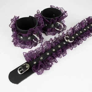 pornhint Pornhint Leather Restraint Handcuffs | Black Leather Purple Lace Feminine Bondage Set | BDSM Gear | Erotic Outfit | Dominatrix Collar | Fetish Wear