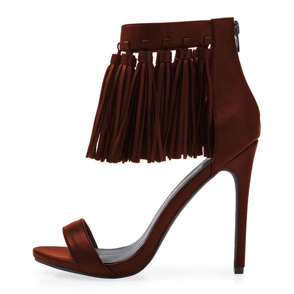 Maroon Vegan Leather Tassel Accent Stiletto Heel Sandals for Women