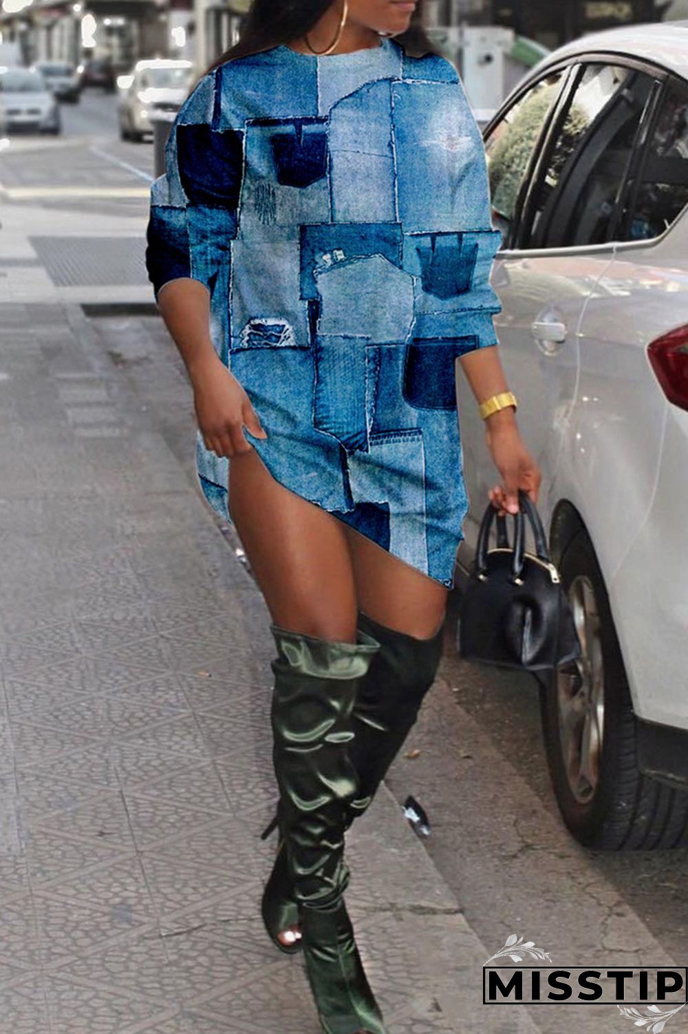 Black Casual Daily Print Patchwork O Neck Long Sleeve Dresses