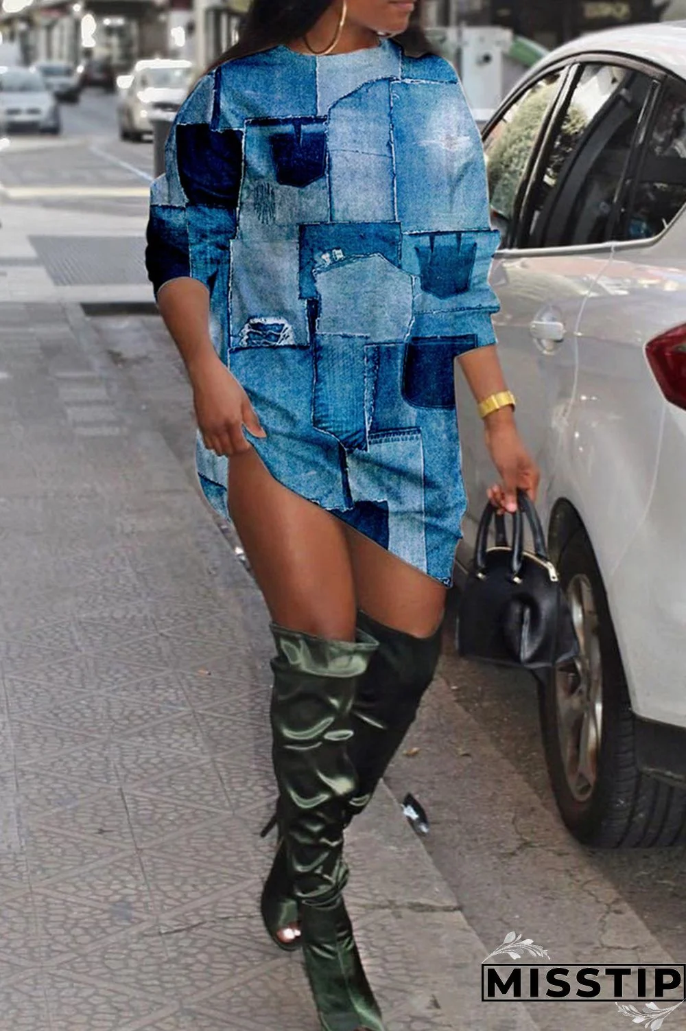 Black Casual Daily Print Patchwork O Neck Long Sleeve Dresses