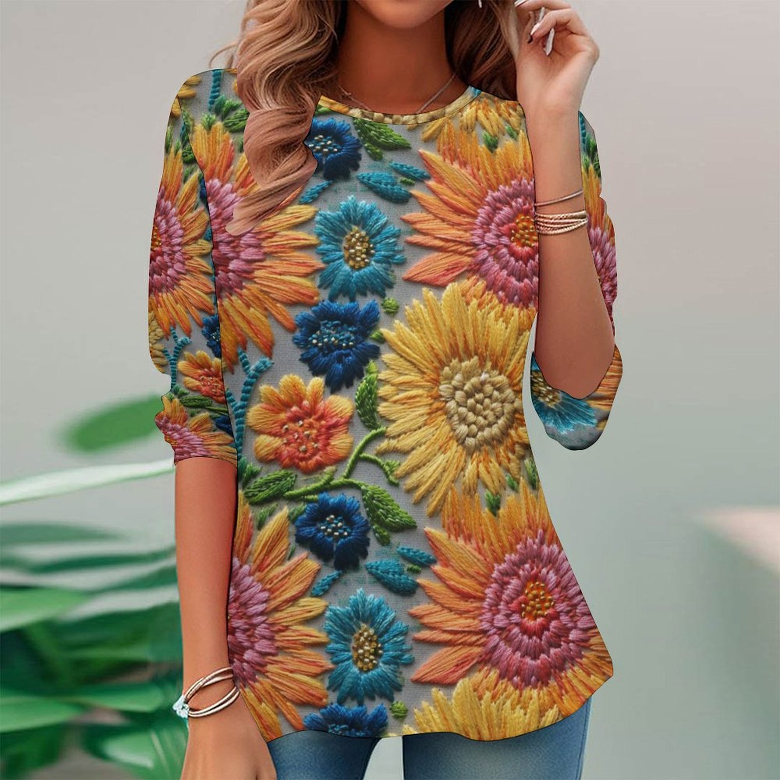 Women Long Sleeve V-neck Graphic Floral Printed Top