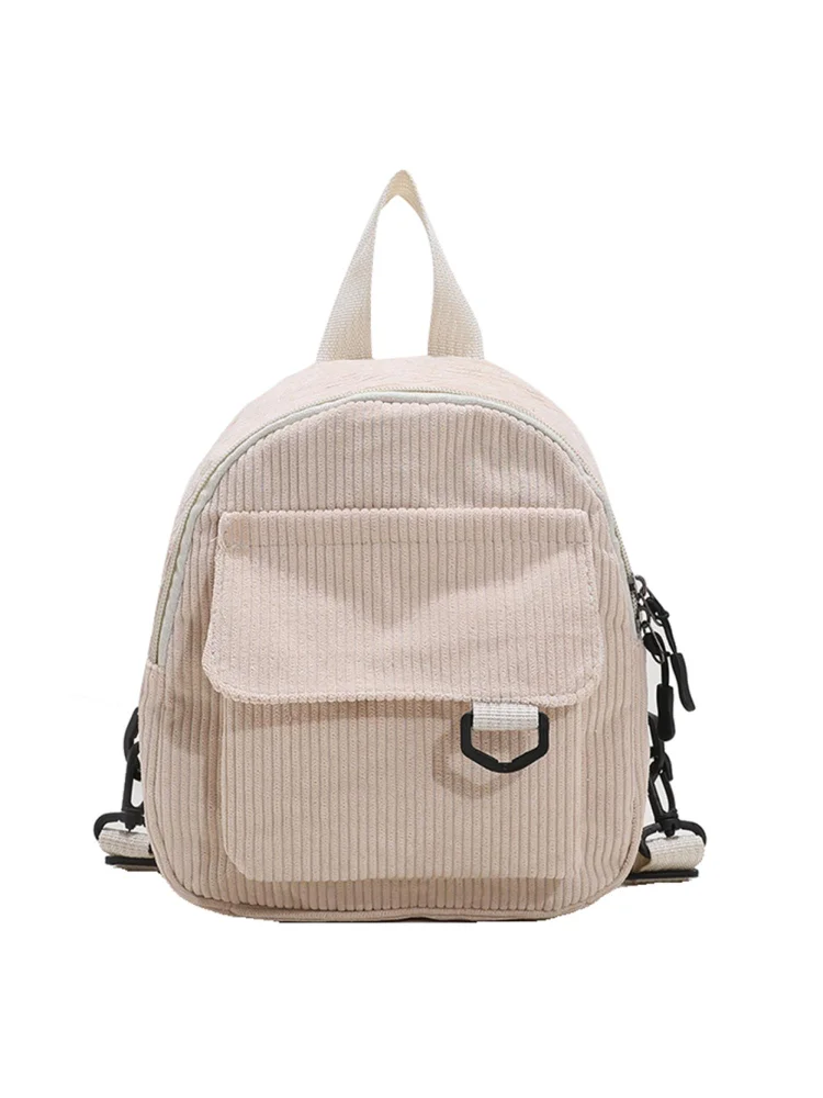 Women Corduroy Solid Color Backpack Girl Small Zipper School Bag (Beige)
