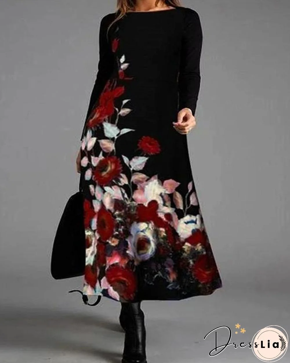 Elegant Flower Long Sleeve Round Neck Maxi Dress