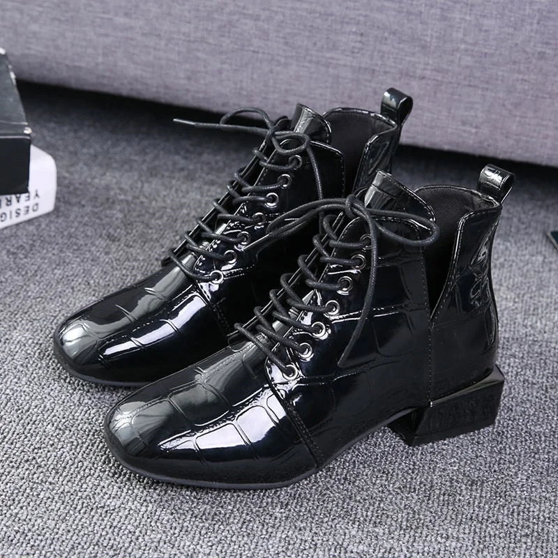 2021 Chic Women Boots Shiny PU Leather Autumn Winter Shoes Woman Spuare Toe Block Heels Ankle Boots Female Botas Zapatos Mujer