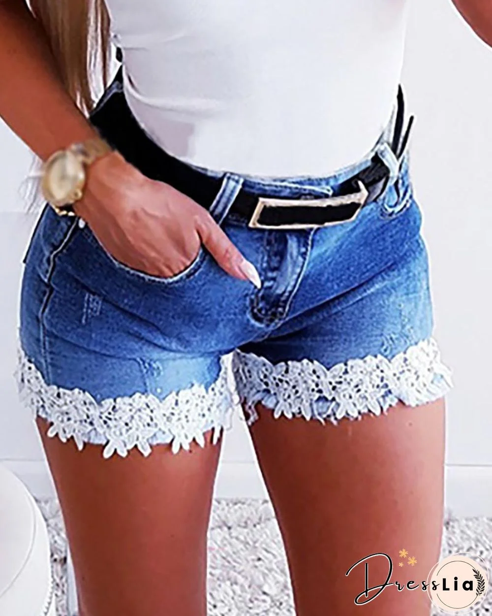 Crochet Lace Pockets Denim Shorts