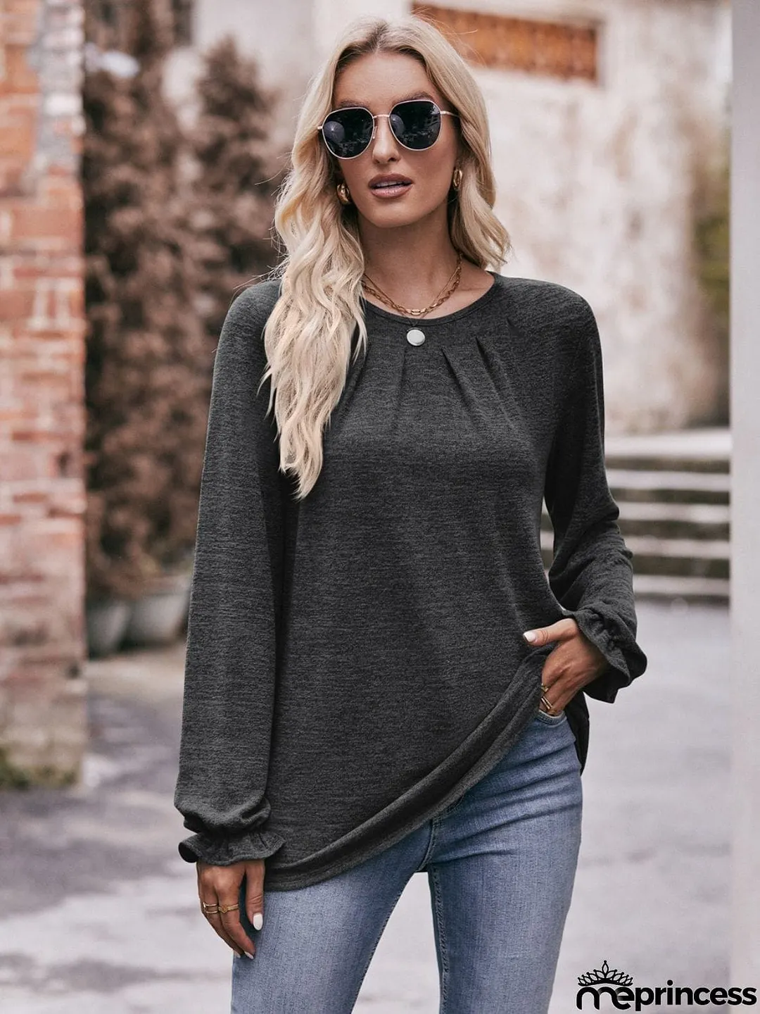 Long Flounce Sleeve Round Neck Blouse