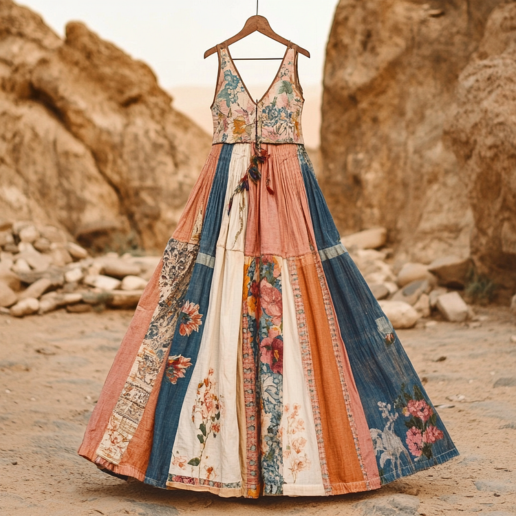 Women's Vintage Bohemian Floral Patch V-neck Cotton And Linen Dress