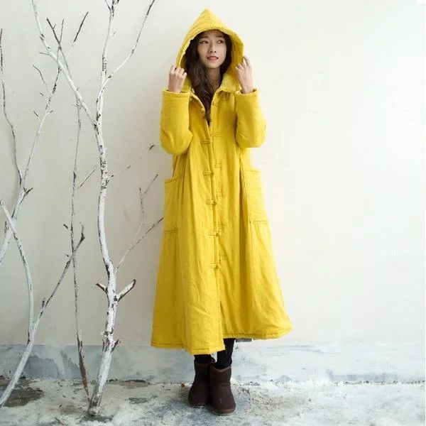 2020 New Long Hooded Parkas Winter Thick Warm Cotton Linen  Colors