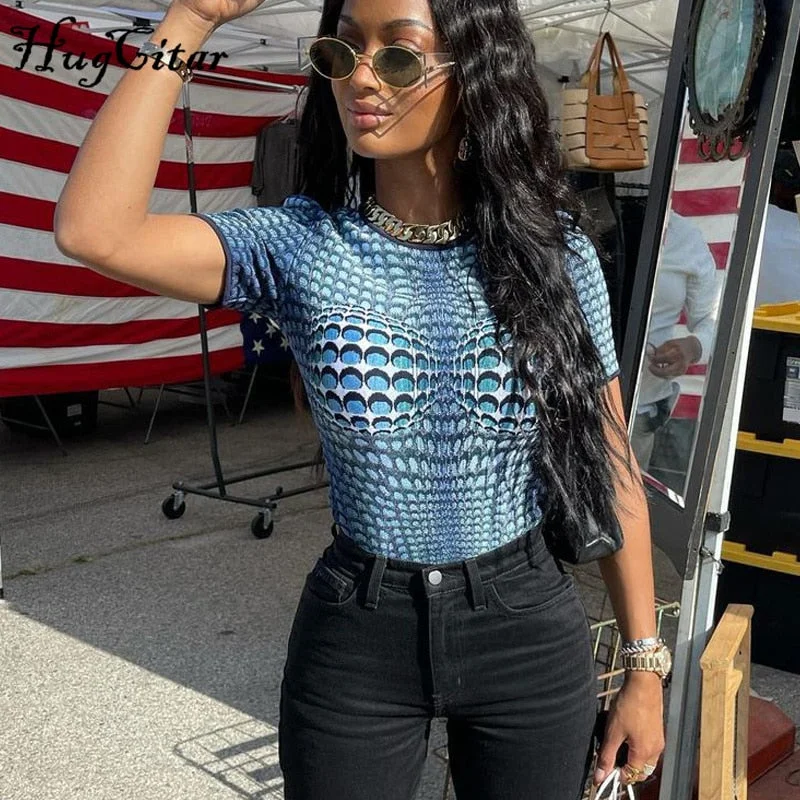 Hugcitar 2021 Short Sleeves Sexy Bodycon O Neck T Shirt Summer Women Fashion Club Snake Print Club Clothes Y2K Robe Beach