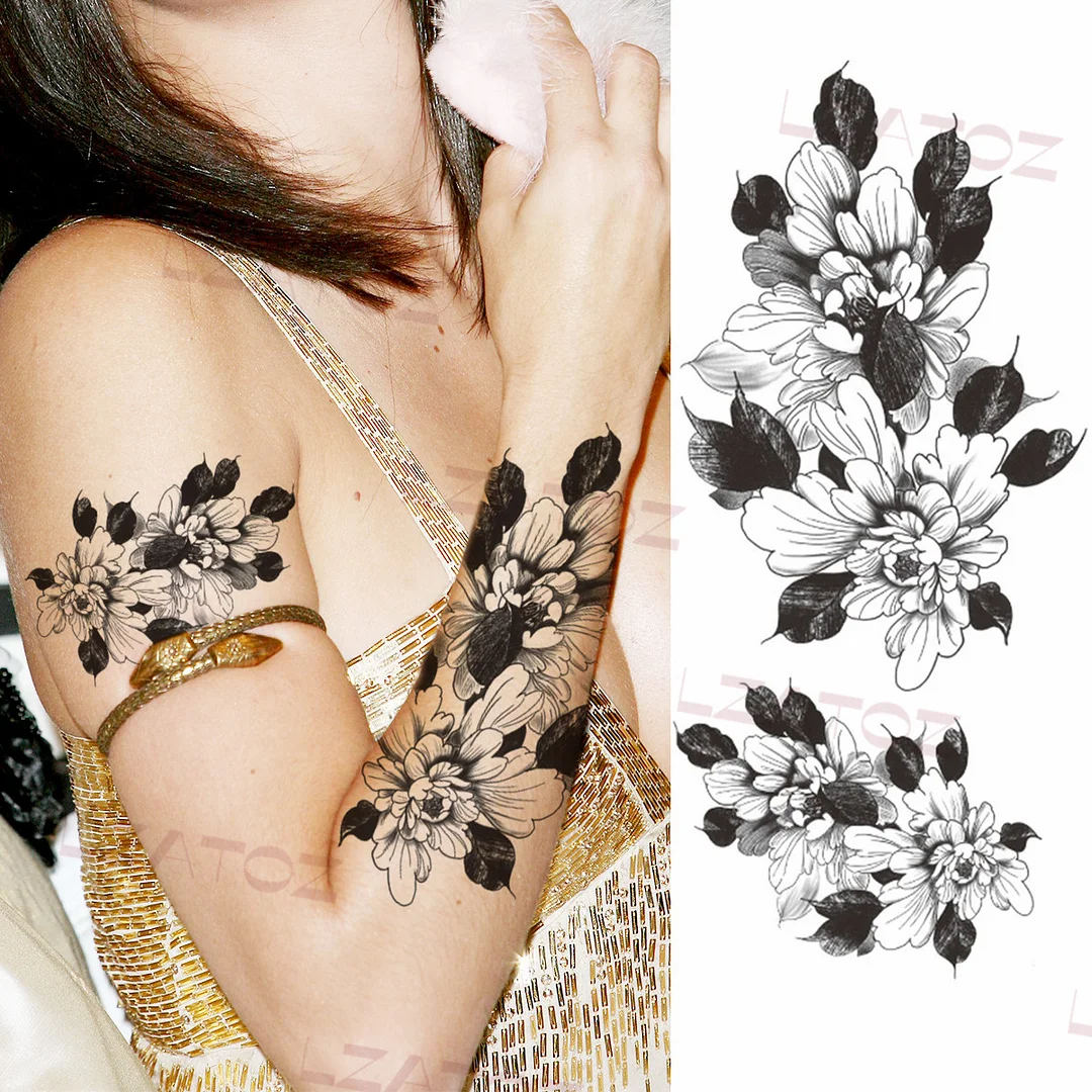Sdrawing Big Letters Temporary Tattoos For Men Women Moon Pendant Peony Fake Tattoo Sticker Custom Armband Fashion Disposable Tatoo