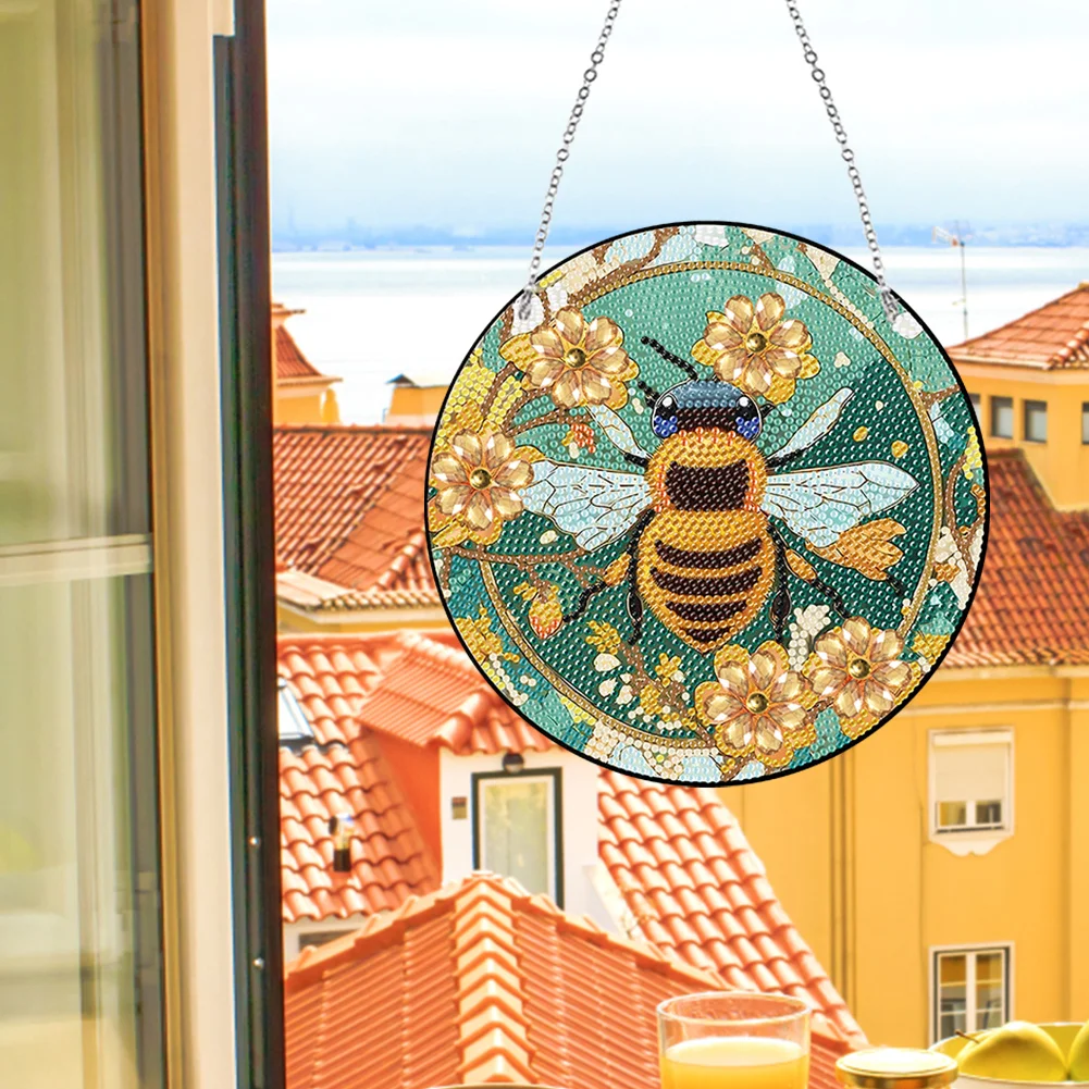 DIY Stained Glass Flower Bee Single-Sided Acrylic Wreath Angel Diamond Painting Hanging Pendant Wall Decor