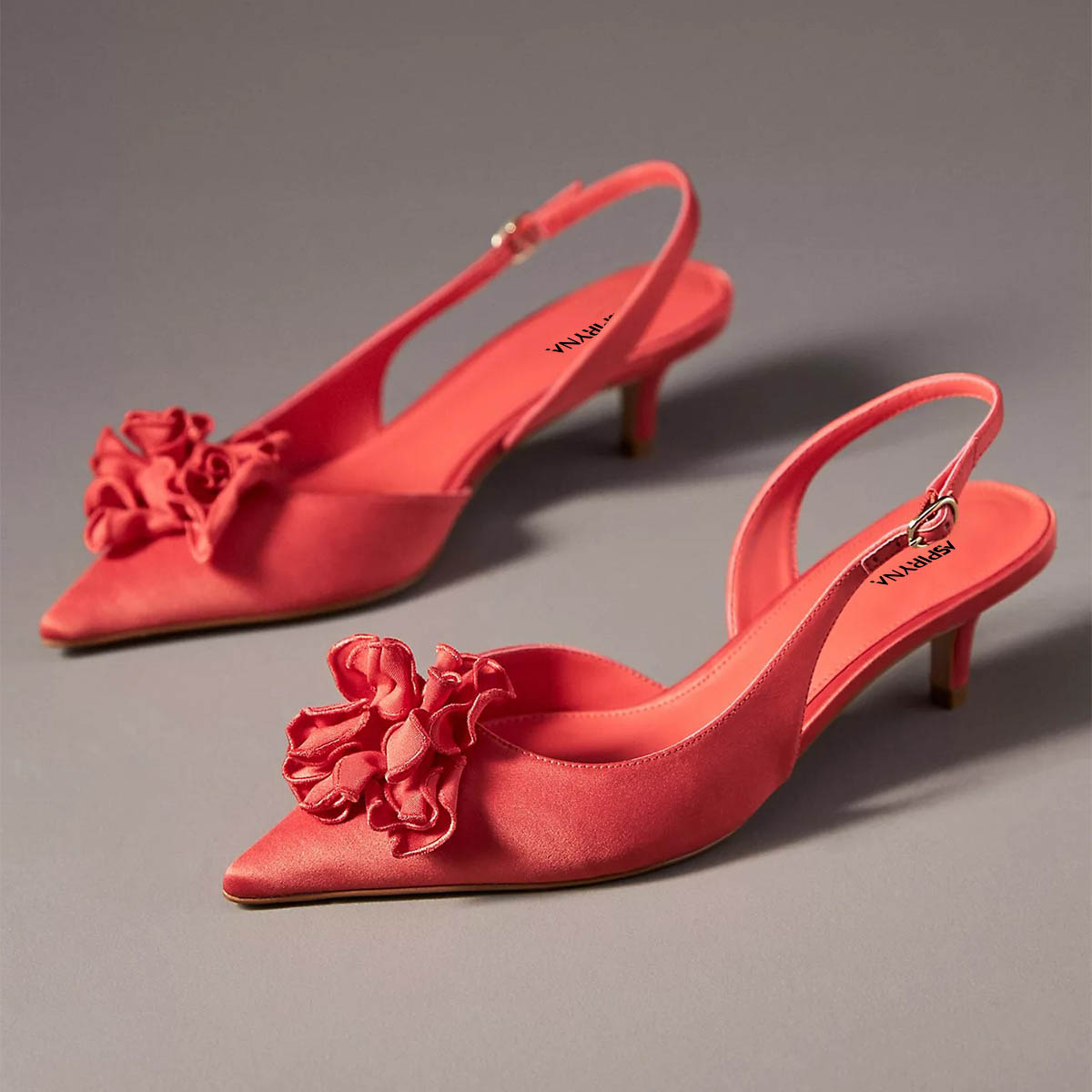 Satin Closed Toe Flower Buckle Red Slingback Heels for Women Nicepairs