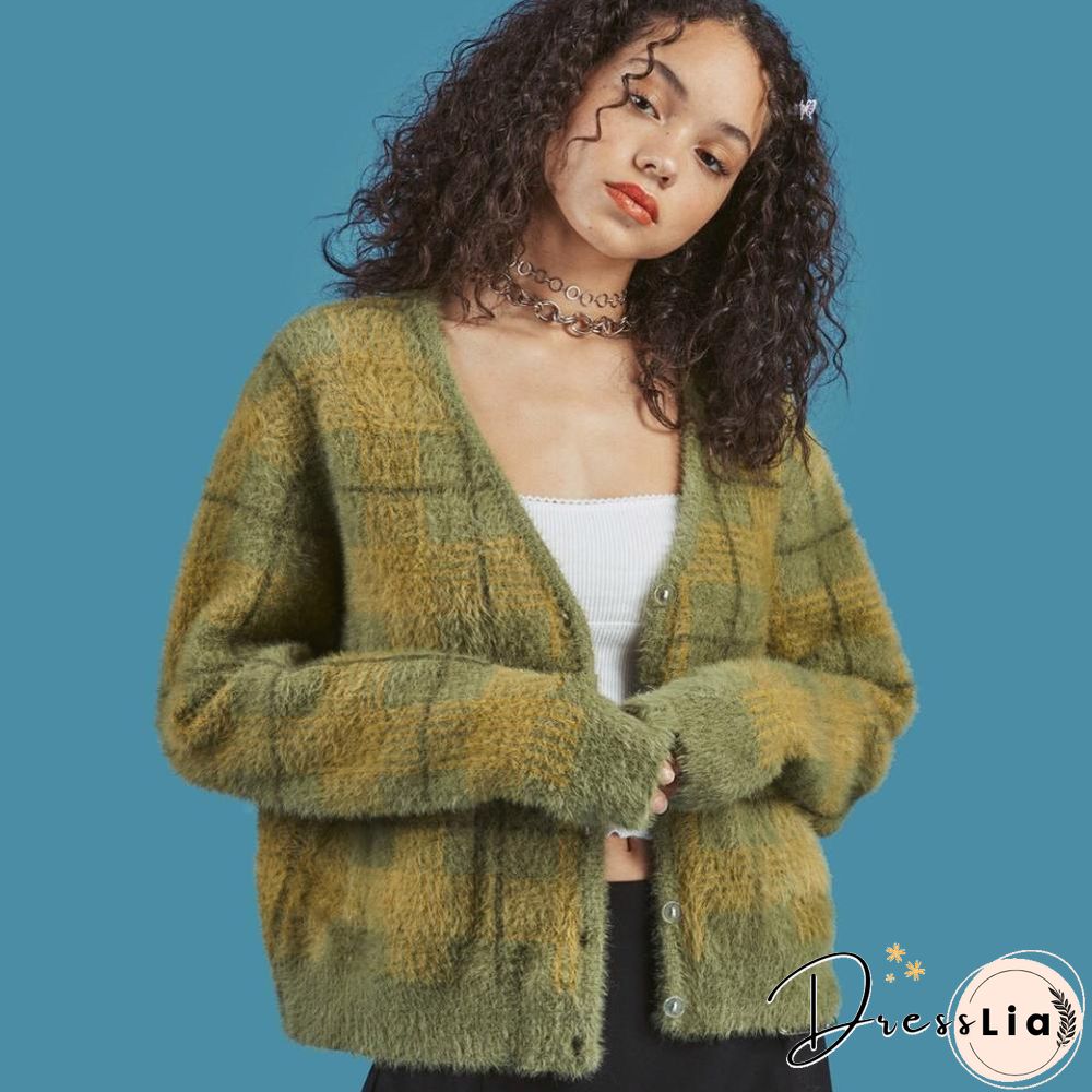 Vintage Mohair Sweater Women Knitted Cardigans Harajuku Lazy Style Ladies V-Neck Button Fuzzy Plaid Cardigan Fluffy Knitwear Top