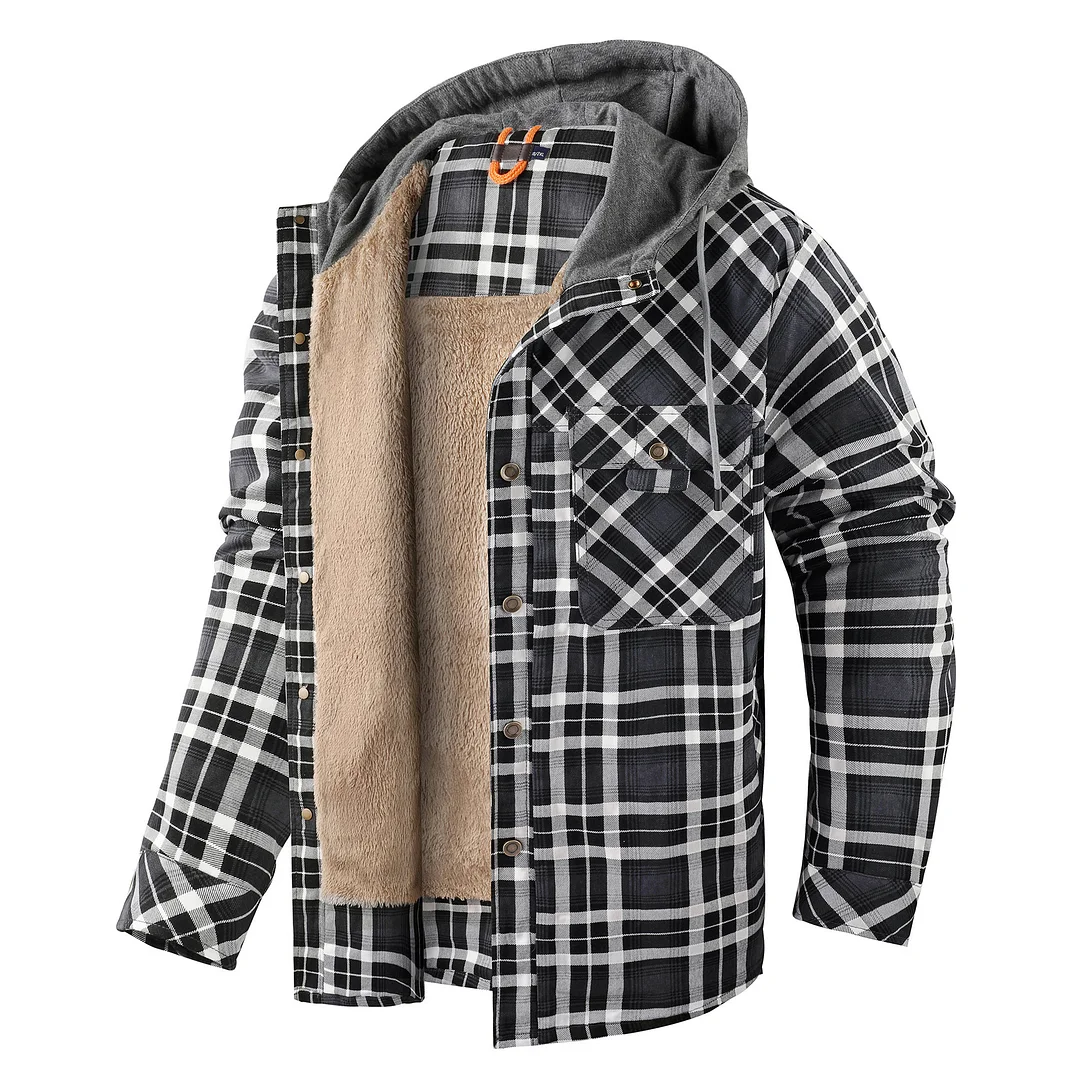 Men‘s Long Sleeve Thickened Hooded Plaid Shirt Plus Size Men's Jacket Cotton Jacket