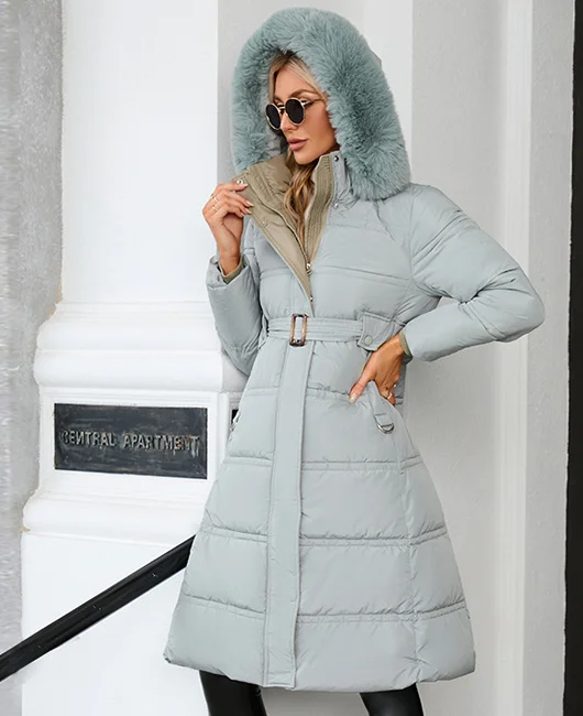 LADYSY Contrasting Color Down Mid-Length Coat With Fur Collar 