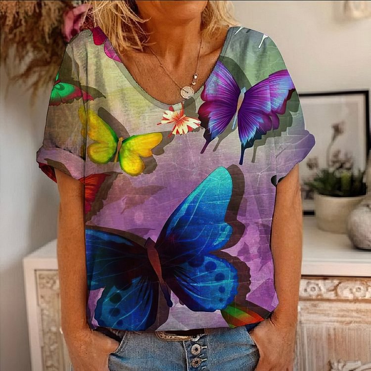 Casual Butterfly Print Short Sleeve T-Shirt