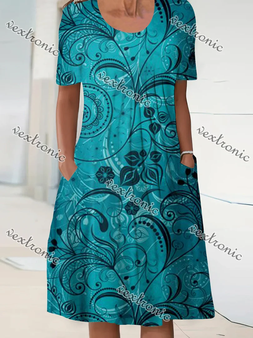 Women's Short Sleeve Scoop Neck Floral Printed Graphic Midi Dress