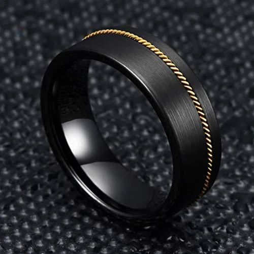 8MM Women's Or Men's Tungsten Carbide Wedding Rings Black Matte Finish with Bronze Wire Inlay