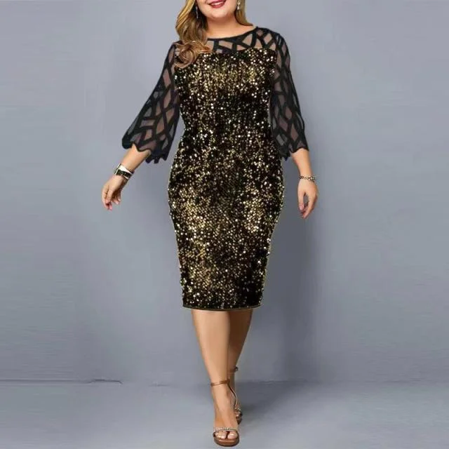 Sequin Mesh Long Sleeve Lace Elegant Party Dress