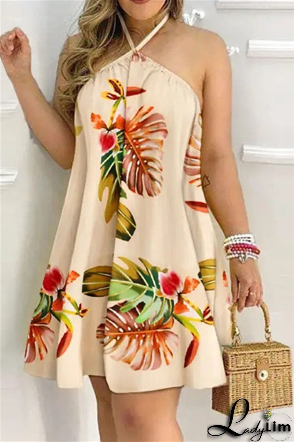Blue Fashion Casual Print Bandage Backless Halter Sleeveless Dress Dresses