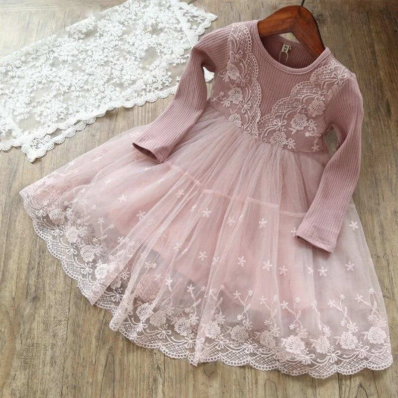Autumn Winter Long Sleeves Kids Dresses For Girls Casual Clothes Floral Princess Dress Lace Mesh Girls Dress Children's Clothing 1108-1