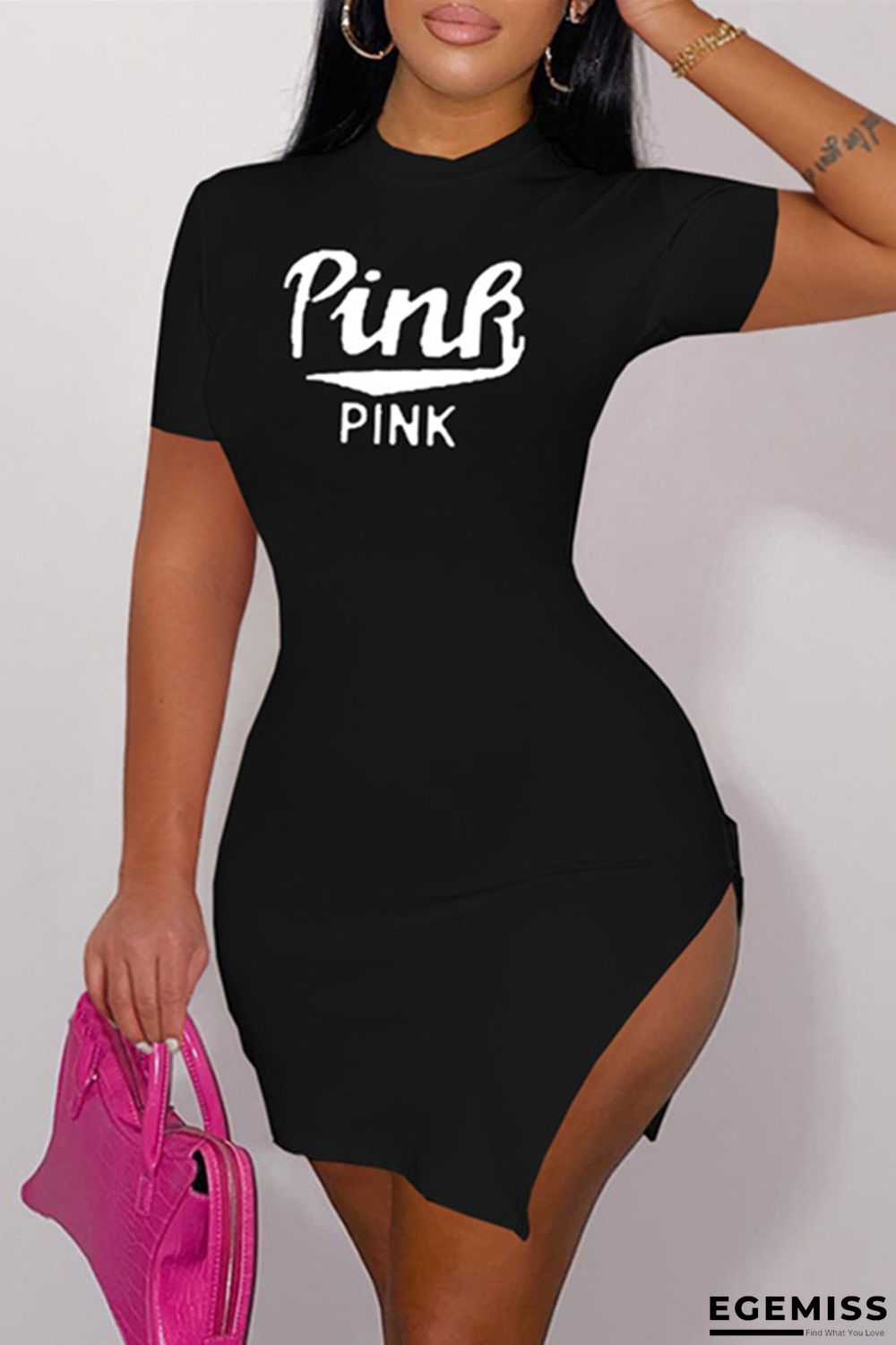 Black Fashion Casual Letter Print Slit O Neck Short Sleeve Dress | EGEMISS