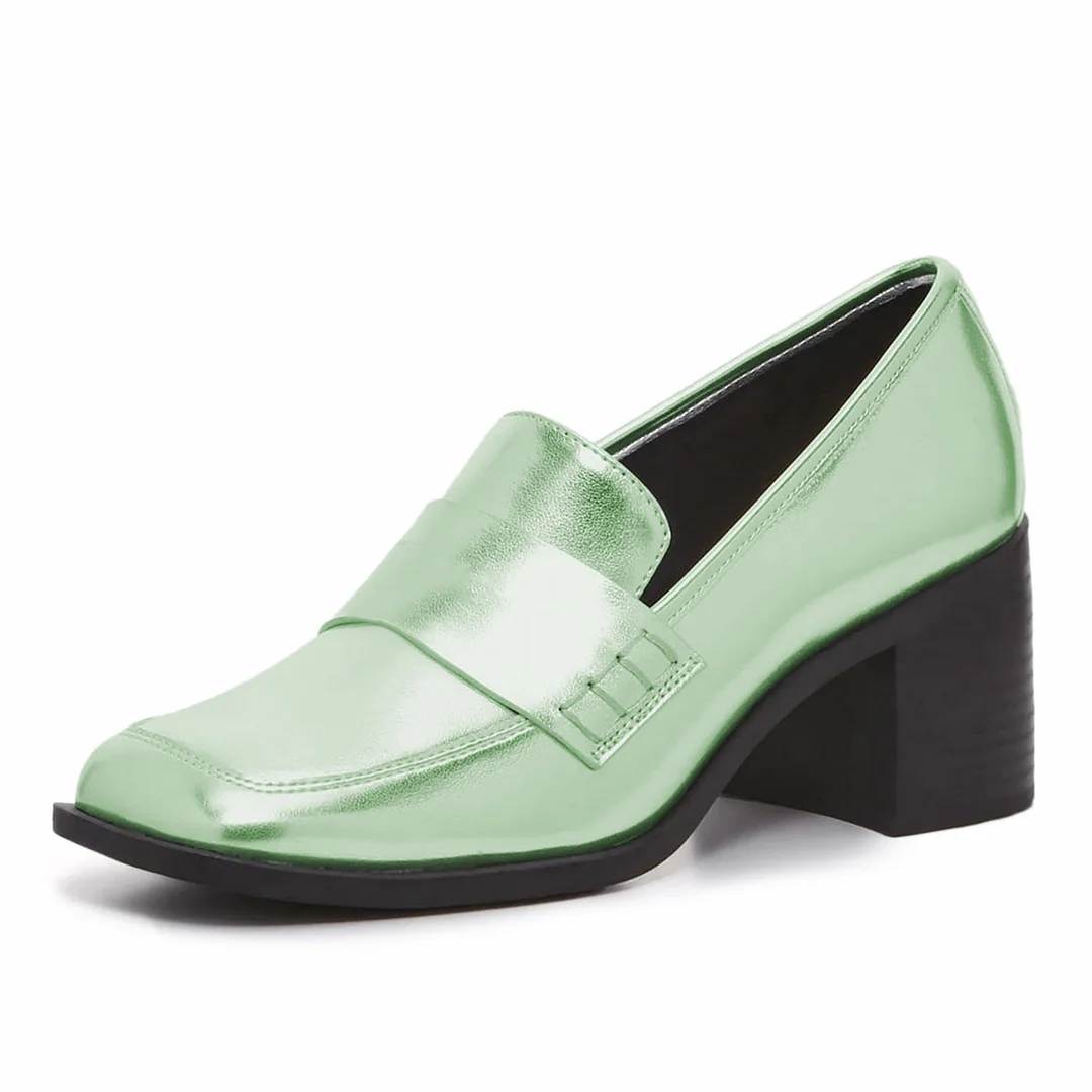 Simple Light Green Metallic Finish Square Toe Block Heeled Loafers