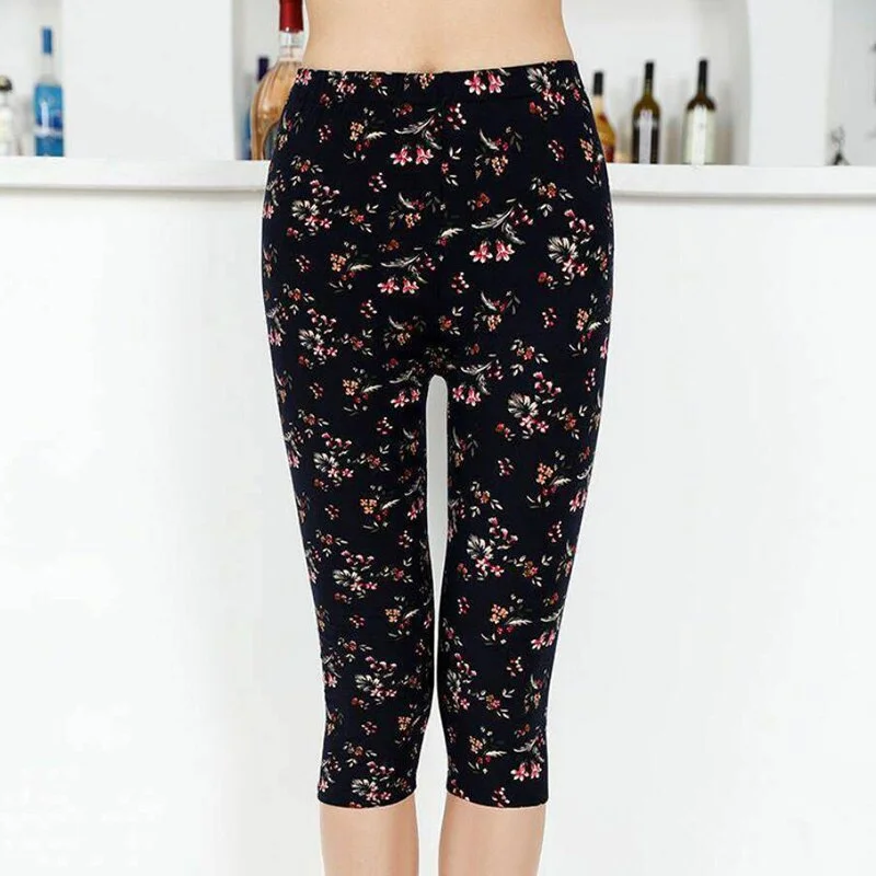 High Waist Floral Printed Fitness Leggings Mid-Calf Elastic Women Capris Push Up Trousers