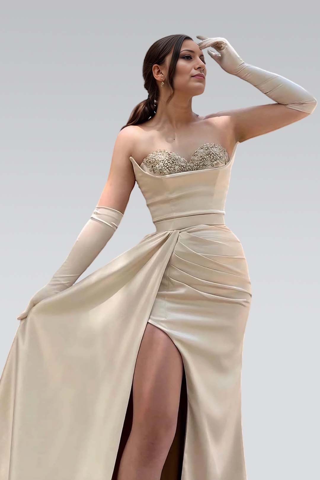  Prom Dress with Sleeves Champagne Sweetheart High Slit YL0248