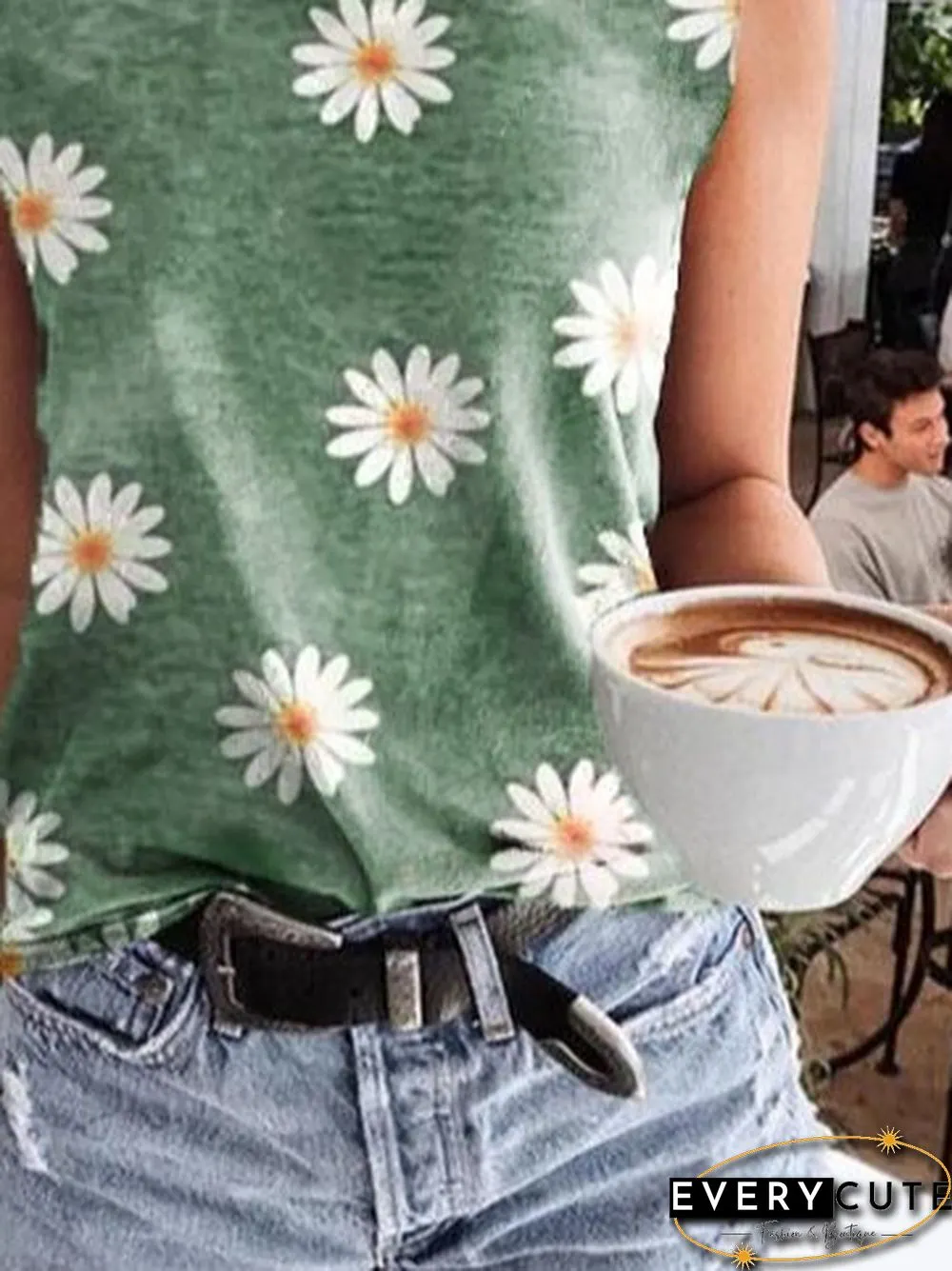 Sleeveless T-shirt with Daisy print round neck