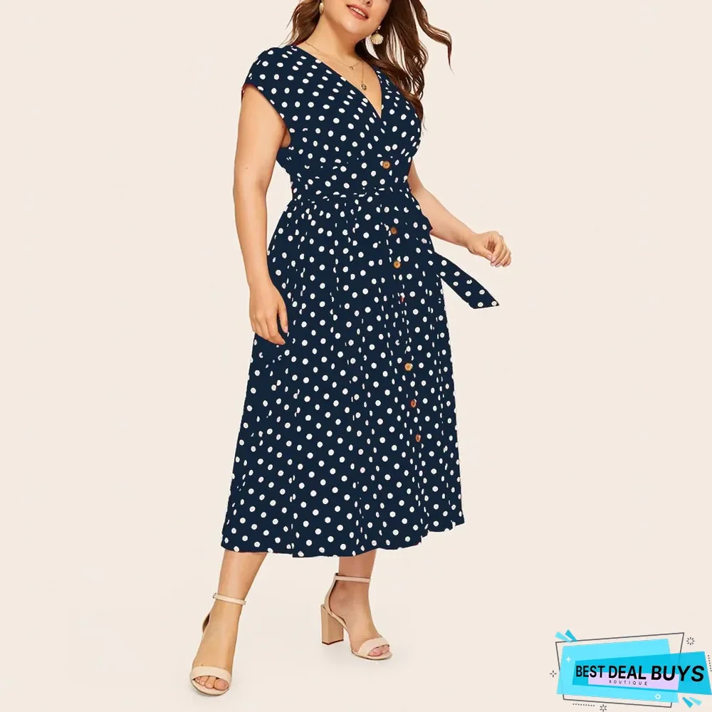 Women's Plus Size Polka Dot Dress Button Tie Waist V-Neck Skirt