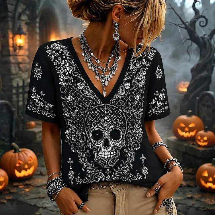 Women's Gothic Skull Embroidered V-neck Tee