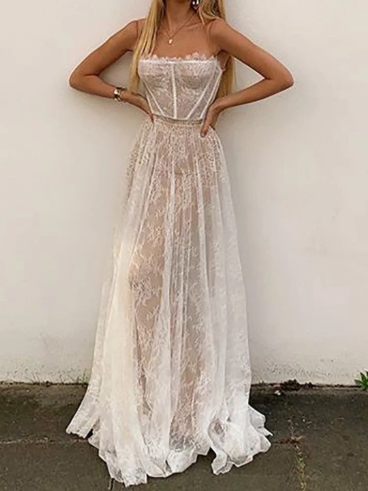 Simplee Sexy white lace summer women maxi dresses Elegant spaghetti strap backless dress Mesh female long dress vestidos 2021